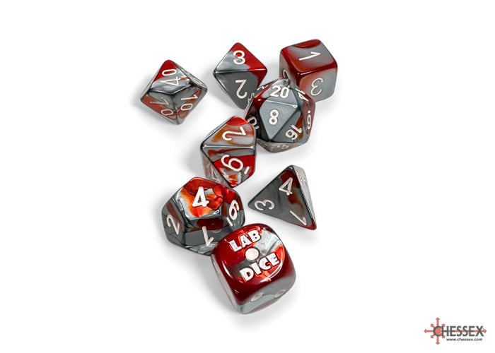 Gemini Red-Steel/white Polyhedral 7-Dice Set (with bonus die)
