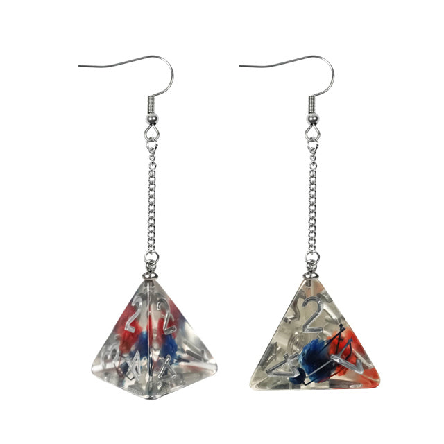 Red Blue Dice Earrings D4 with Colorful Inclusion - Nerdy RPG Jewelry