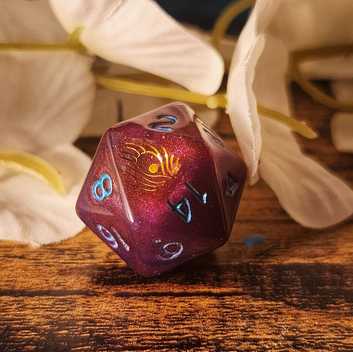 Mollymauk Inspired D20 – Handmade Royal-Purple & Red Gaming Die with Gold Leaf, Teal Numbers & Peacock Feather