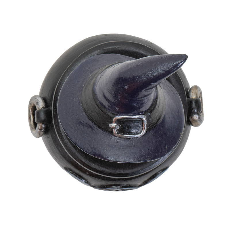 Black Cat on Cauldron Trinket Box – Witch Hat Cat Resin Figurine & Halloween Decor