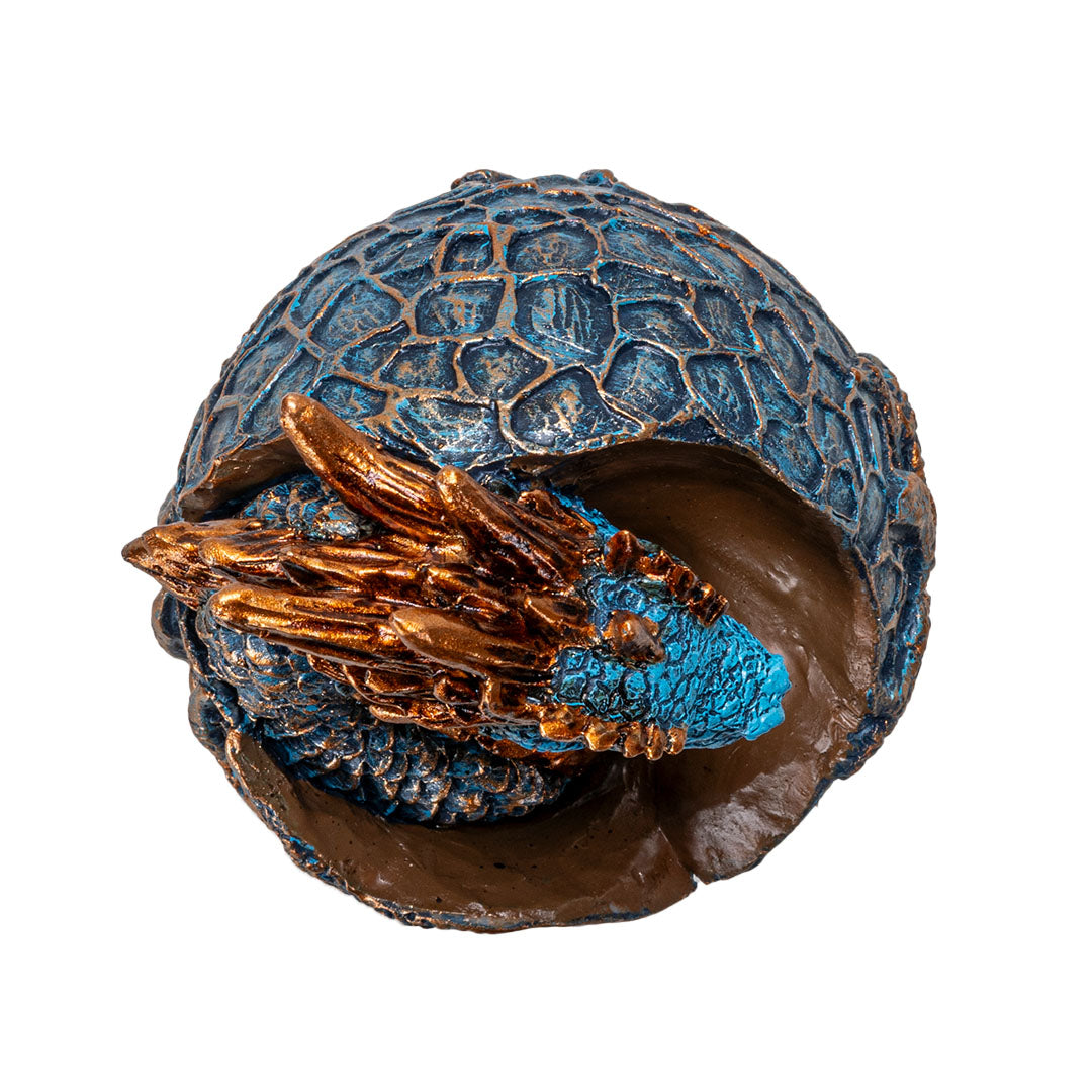 Blue & Gold Dragon Hatchling in Egg Figurine – Hand-Painted Cold Cast Bronze Fantasy Decor