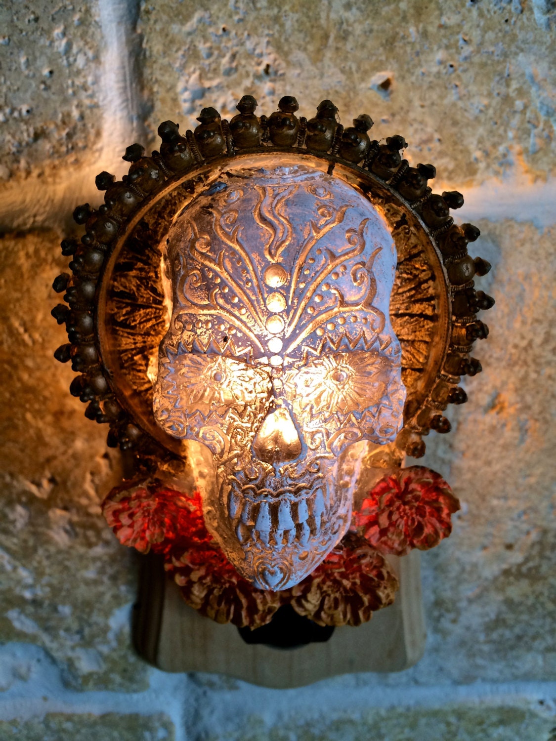 Dia de los Muertos Nightlight, Hand Painted Resin Sculpture | Gothic Night Light | Day of the Dead Lighting for Gothic Fantasy Home Decor