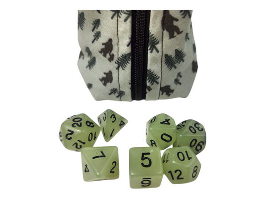 Grab and go small dice pouch with glow in the dark dice set, bigfoot