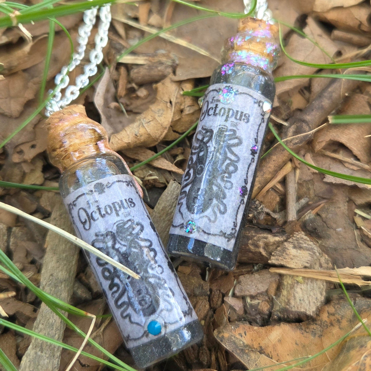 Octopus Ink – Handmade Black & Silver Liquid Potion Bottle Necklace with Swarovski Crystals