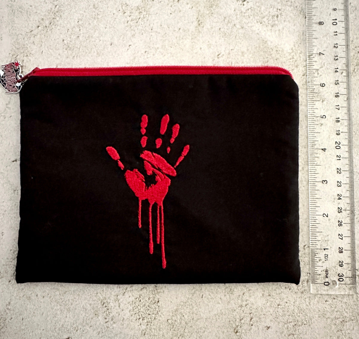 Bloody Handprint Embroidered Zipper Pouch – Horror Lover Cosmetic Bag & True Crime Gift