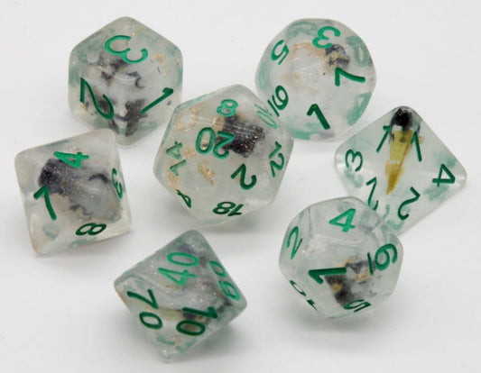 Brave Heart Dice Clear Dice w/ Flowers Foil Green 7-Dice Set Rpg