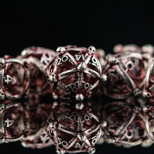 Draco Immortui Hollow Metal Dice Set - Red and Silver with Free Velvet Bag