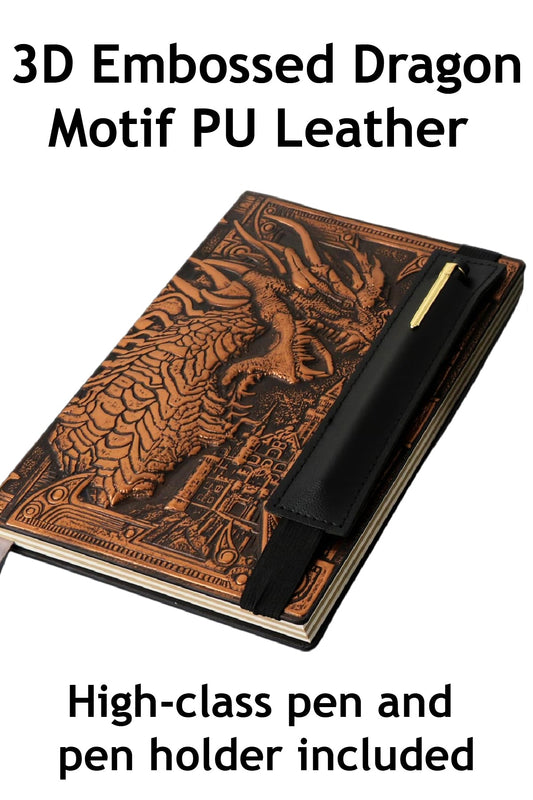 DND Notebook Journal – 200 Pages with 3D Bronze Dragon, Pen & Pen Holder