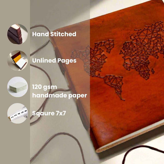 World Map 7x7 Artist Handmade Leather Journal