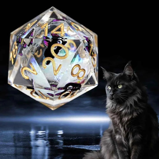 Big Eyes Black Cat Resin DND Dice Set — 7-Piece TTRPG Dice with Purple Ears