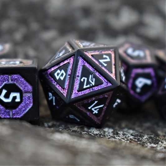 Cleric's Shadow Domain Purple & Matte Black Metal Dice Set – 7-Piece Polyhedral RPG Dice
