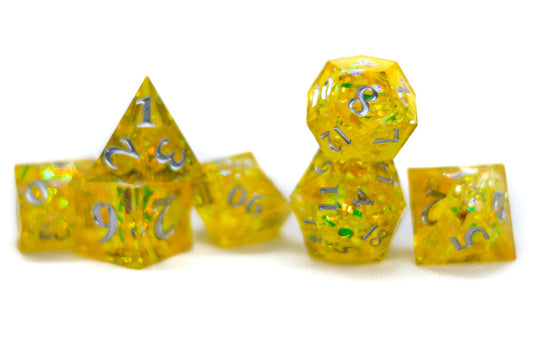 Yellow Shimmer w/silver 7-Dice Set Resin Sharp Edge RPG DND