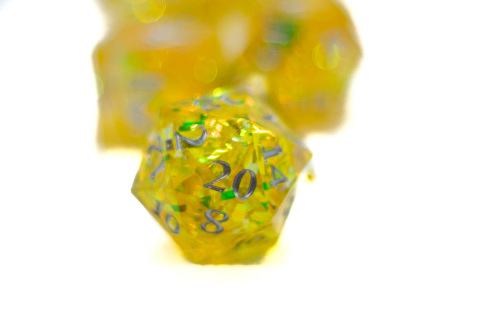 Yellow Shimmer w/silver 7-Dice Set Resin Sharp Edge RPG DND