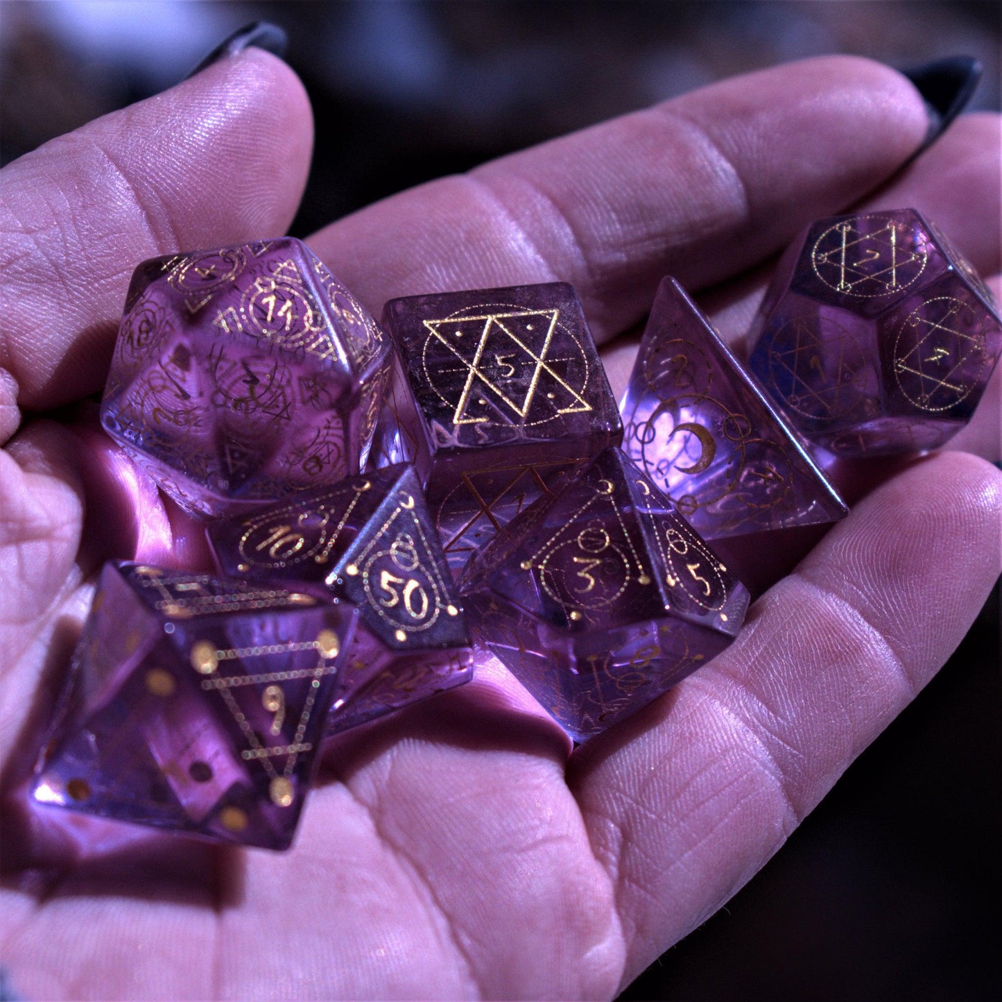 Spellcaster Purple Glass Dice Set – 7-Piece Polyhedral RPG Dice