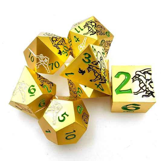 Black Dragon and Warrior Gold Metal DND Dice Set — 7-Piece Zinc Alloy TTRPG Dice