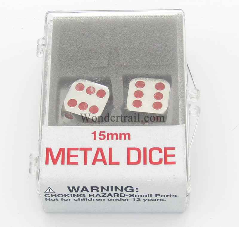 KOP18640 Metal Dice D6 Silver with Red Pips 15mm (19/32in) Set of 2