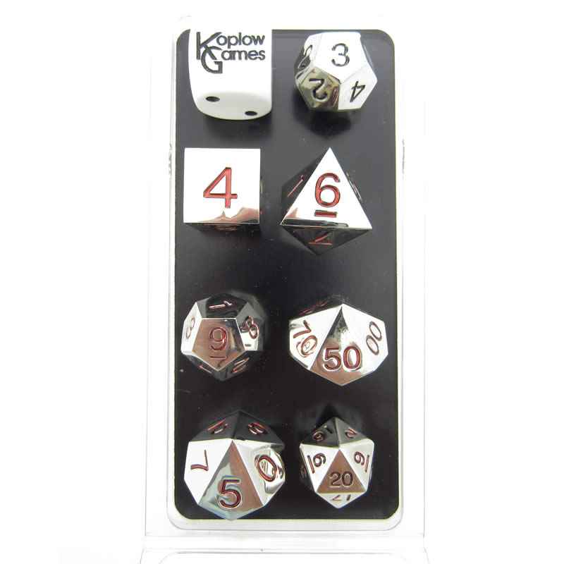 KOP18741 Metal Polyhedral Dice Silver with Red Numbers 20mm Set of 7