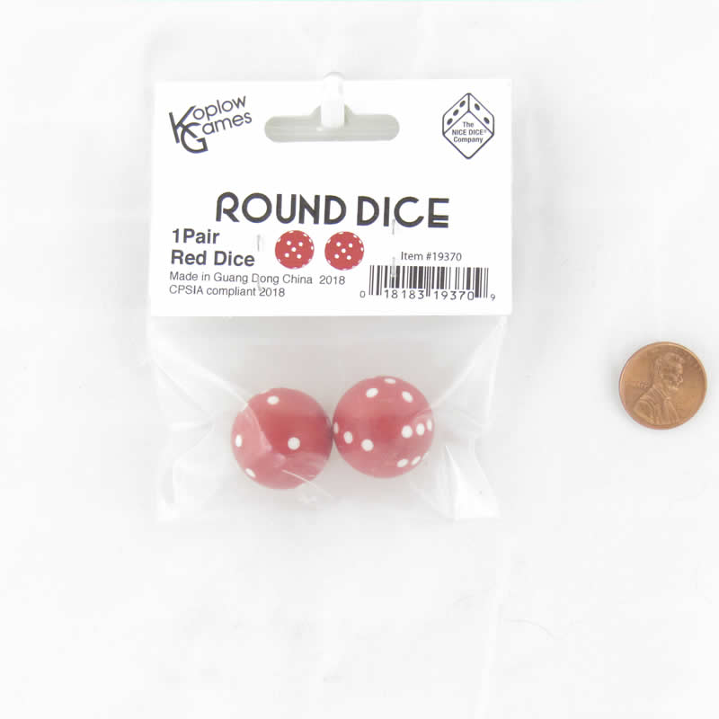 Red Round Dice with White Pips - D6 22mm Spherical Dice (Pack of 2) | Koplow Games