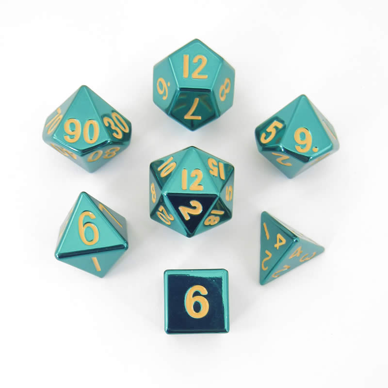 Turquoise Painted Metal Dice Set with Gold Numbers - 16mm 7-Piece RPG Dice