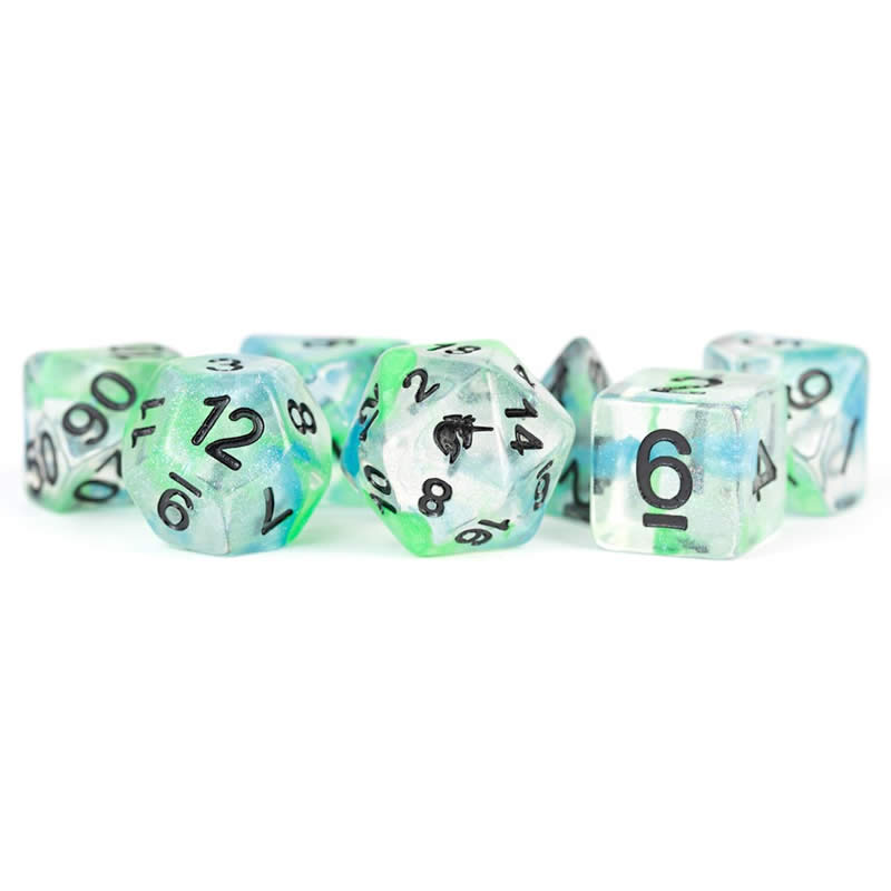 Sea Kelp Unicorn Dice Set with Black Numbers - 16mm Acrylic 7-Piece RPG Dice