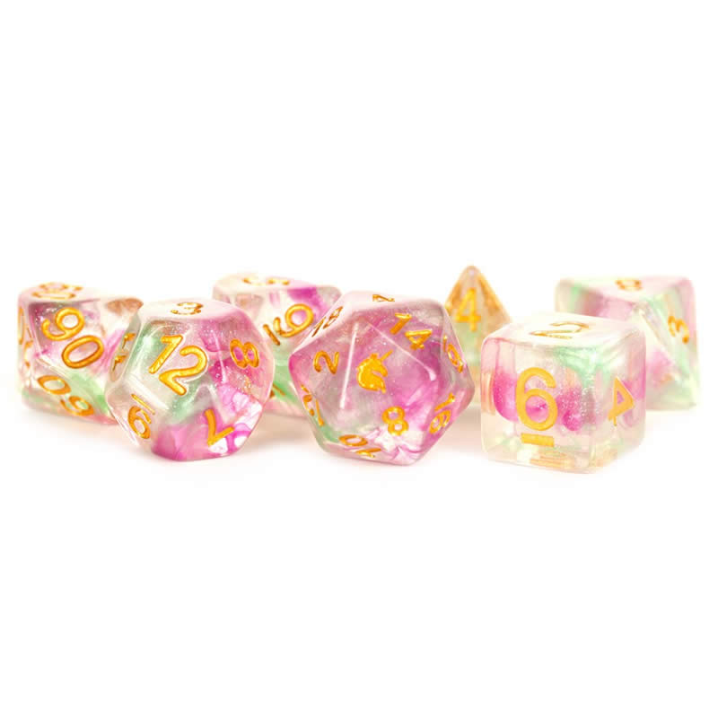 MET719 Celestial Blossom Unicorn Dice with Red Numbers Acrylic 7 Dice Set
