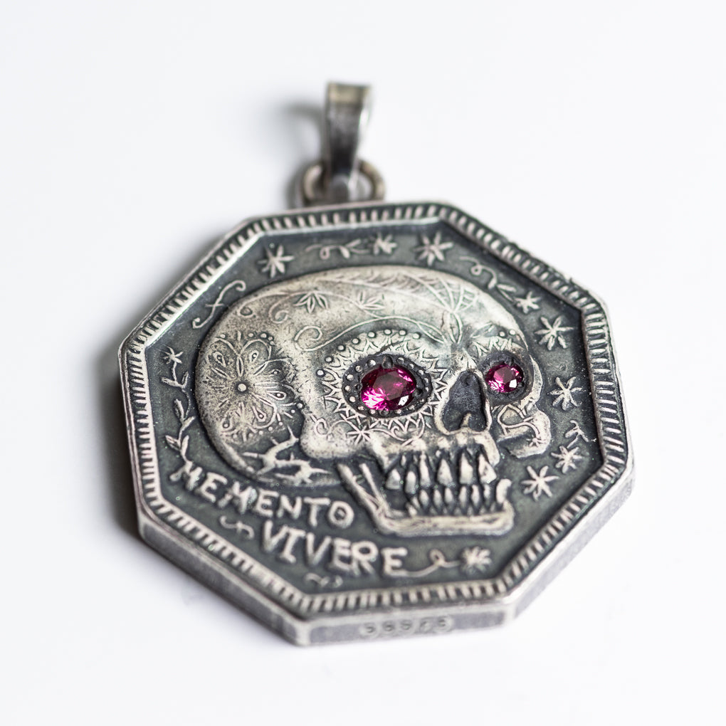 Ruby Inset Eyes Memento Mori Silver Necklace - Sterling Silver Bale