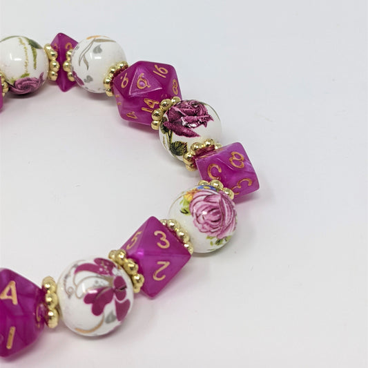 Pink Fuchsia Gold Flower Dice Bracelet