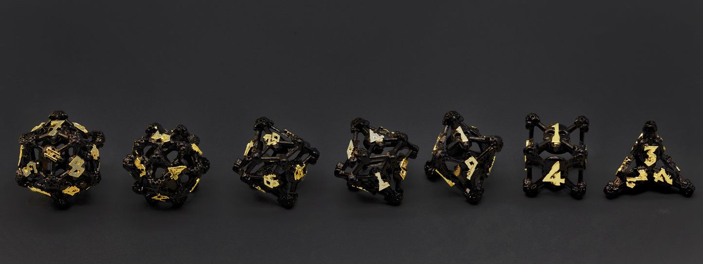 Black w/Gold Deadly Skull Dice Hollow Metal 7-Dice Set
