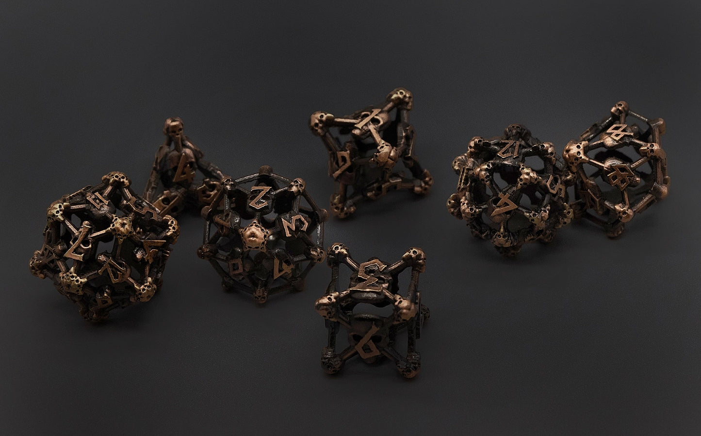 Copper Deadly Skull Dice Hollow Metal 7-Dice Set