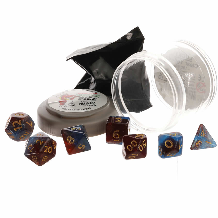 RPR19032 Red and Blue Nebula Boss Dice Set 16mm (5/8 inch) Dungeon Dice with Random Miniature Included