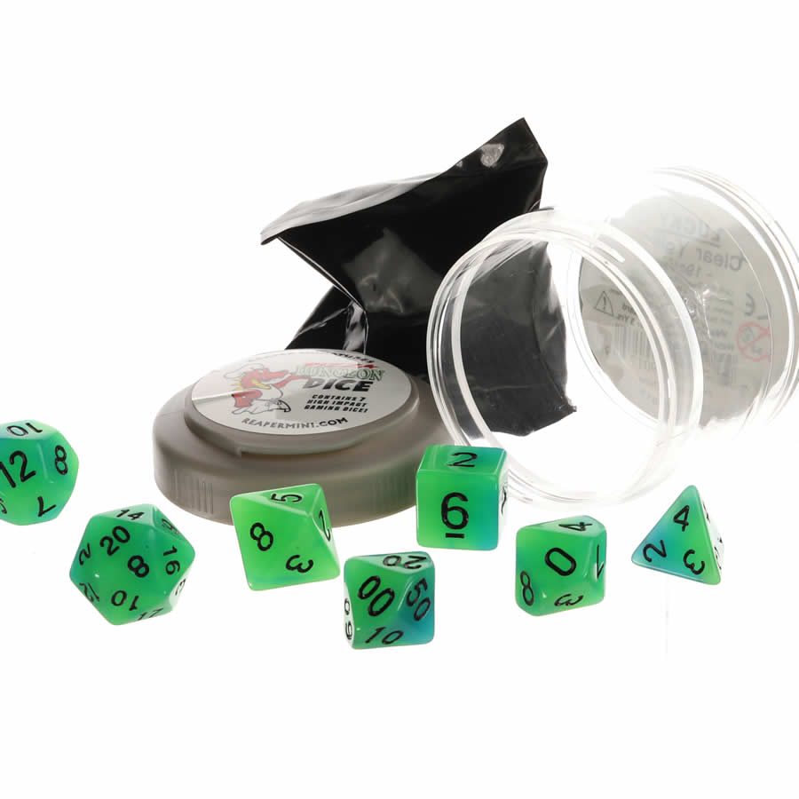 RPR19035 Green and Blue Glow Dice Set 16mm (5/8 inch) Dungeon Dice with Random Miniature Included Reaper Miniatures