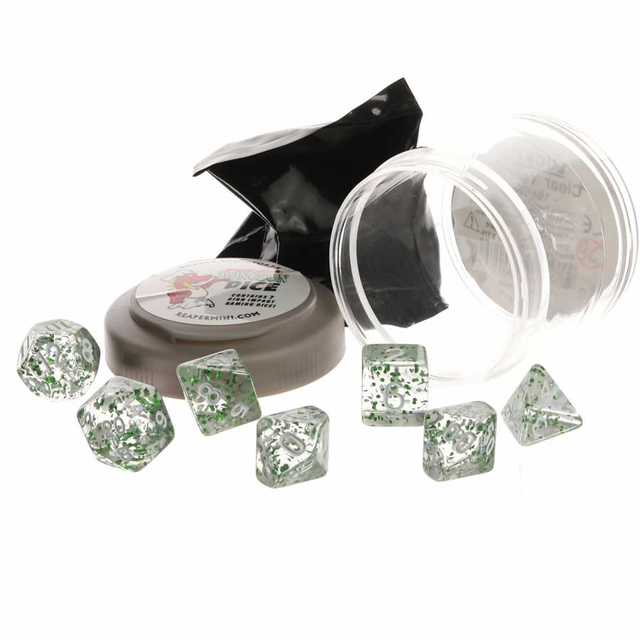RPR19038 Green Glitter Boss Dice Set 16mm (5/8 inch) Dungeon Dice with Random Miniature Included Reaper Miniatures