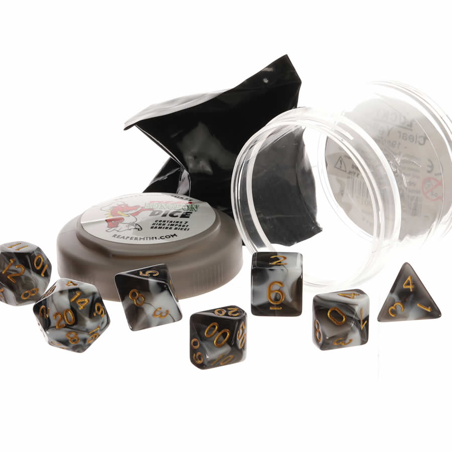 RPR19051 White and Black Dual Color Dice Set 16mm (5/8 inch) Dungeon Dice with Random Miniature Included Reaper Miniatures