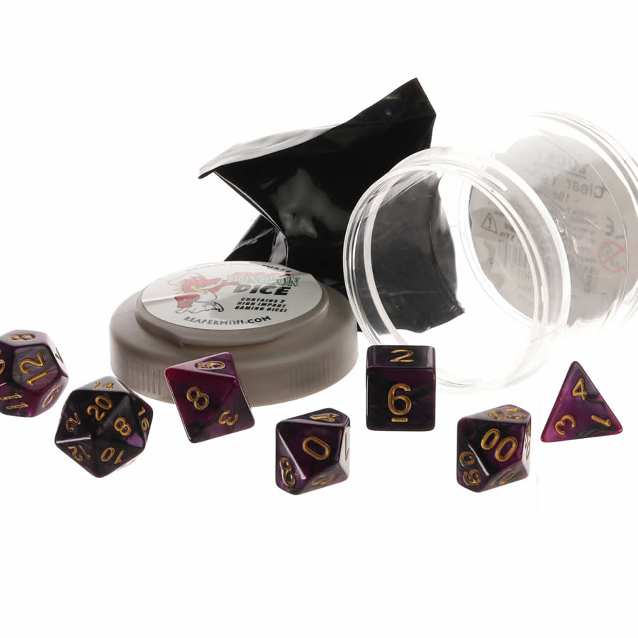 RPR19054 Purple and Black Dual Color Dice Set 16mm (5/8 inch) Dungeon Dice with Random Miniature Included Reaper Miniatures