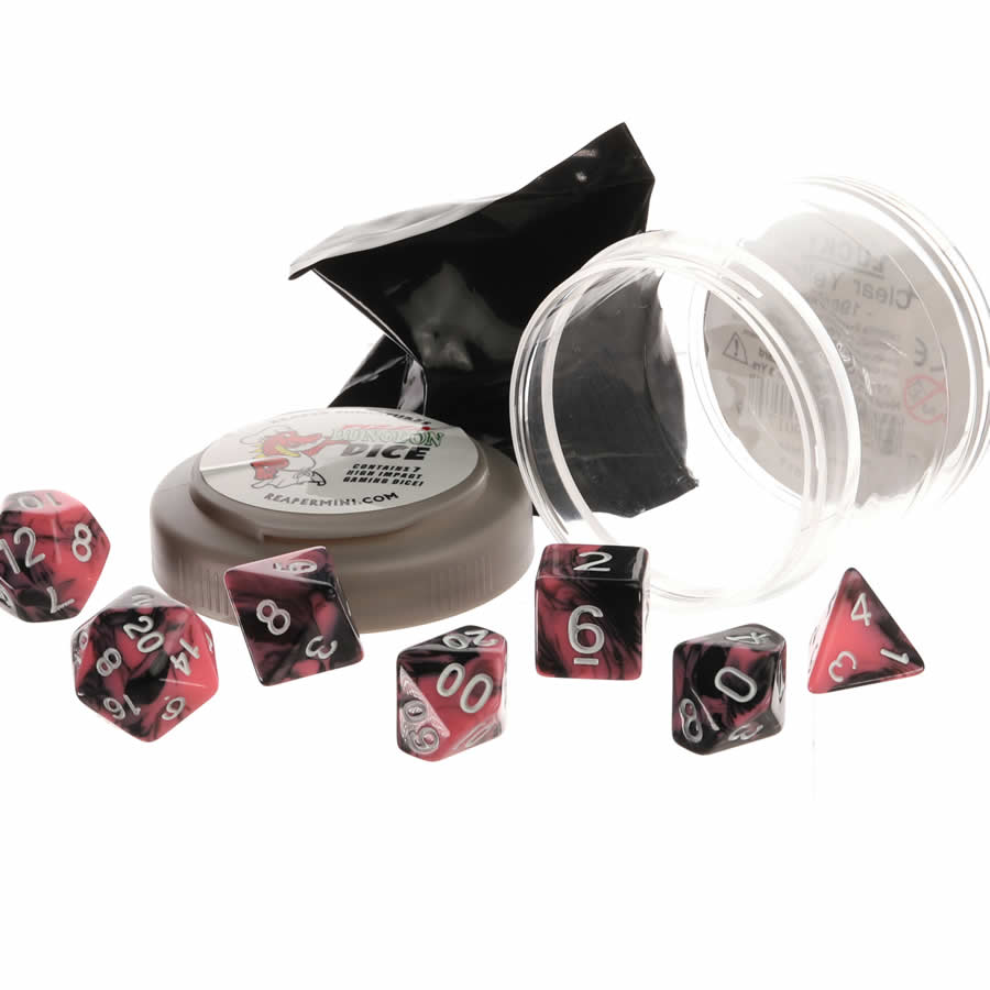 RPR19059 Pink and Black Dual Color Dice Set 16mm (5/8 inch) Dungeon Dice with Random Miniature Included Reaper Miniatures