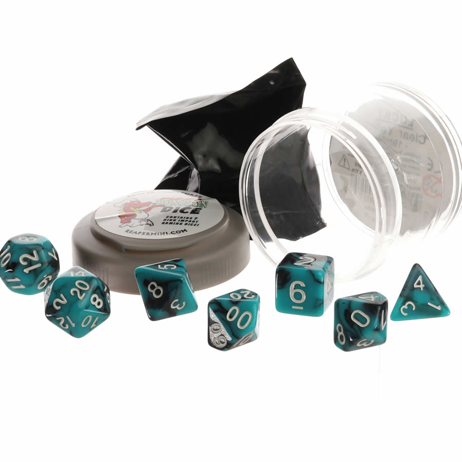RPR19060 Teal and Black Dual Color Dice Set 16mm (5/8 inch) Dungeon Dice with Random Miniature Included Reaper Miniatures