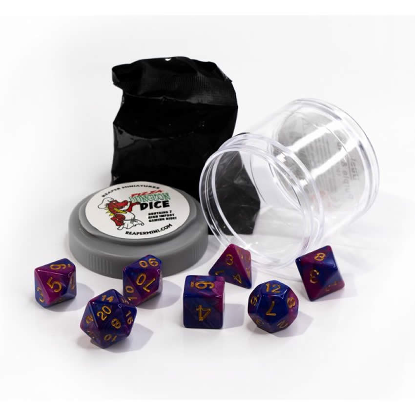 RPR19070 Purple and Blue Dual Color Dice Set 16mm Dungeon Dice Random Miniature Included