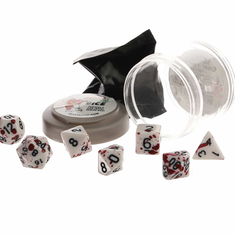 RPR19073 Blood Splatter Lucky Dice Set 16mm (5/8 inch) Dungeon Dice with Random Miniature Included Reaper Miniatures