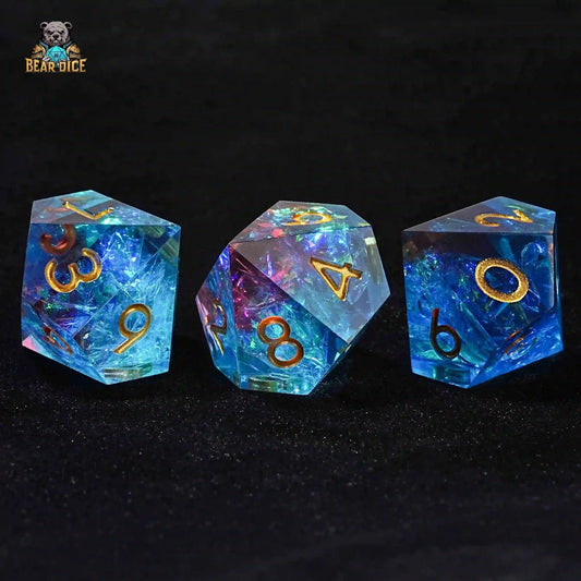 D10 Fantasy Translucent Sequin Red and Blue Resin D&D 10-Sided Dice - Gold Numbers