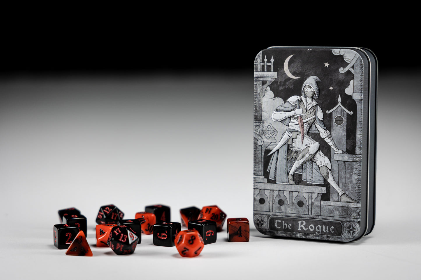 Character Class Dice: The Rogue – 16-Piece D&D Dice Set in Rolling Tray Tin