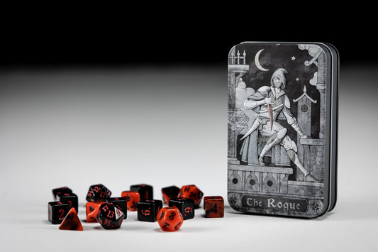 Character Class Dice: The Rogue – 16-Piece D&D Dice Set in Rolling Tray Tin