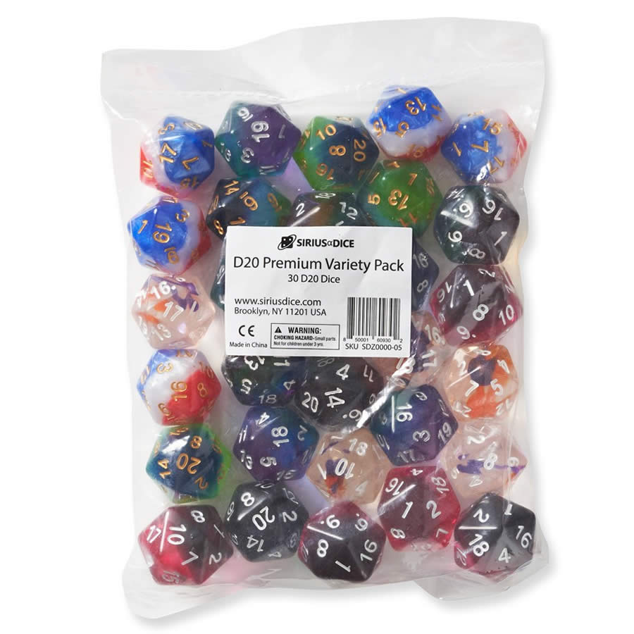 Premium Variety Pack Assorted D20 Dice - Pack of 30 | Sirius Dice