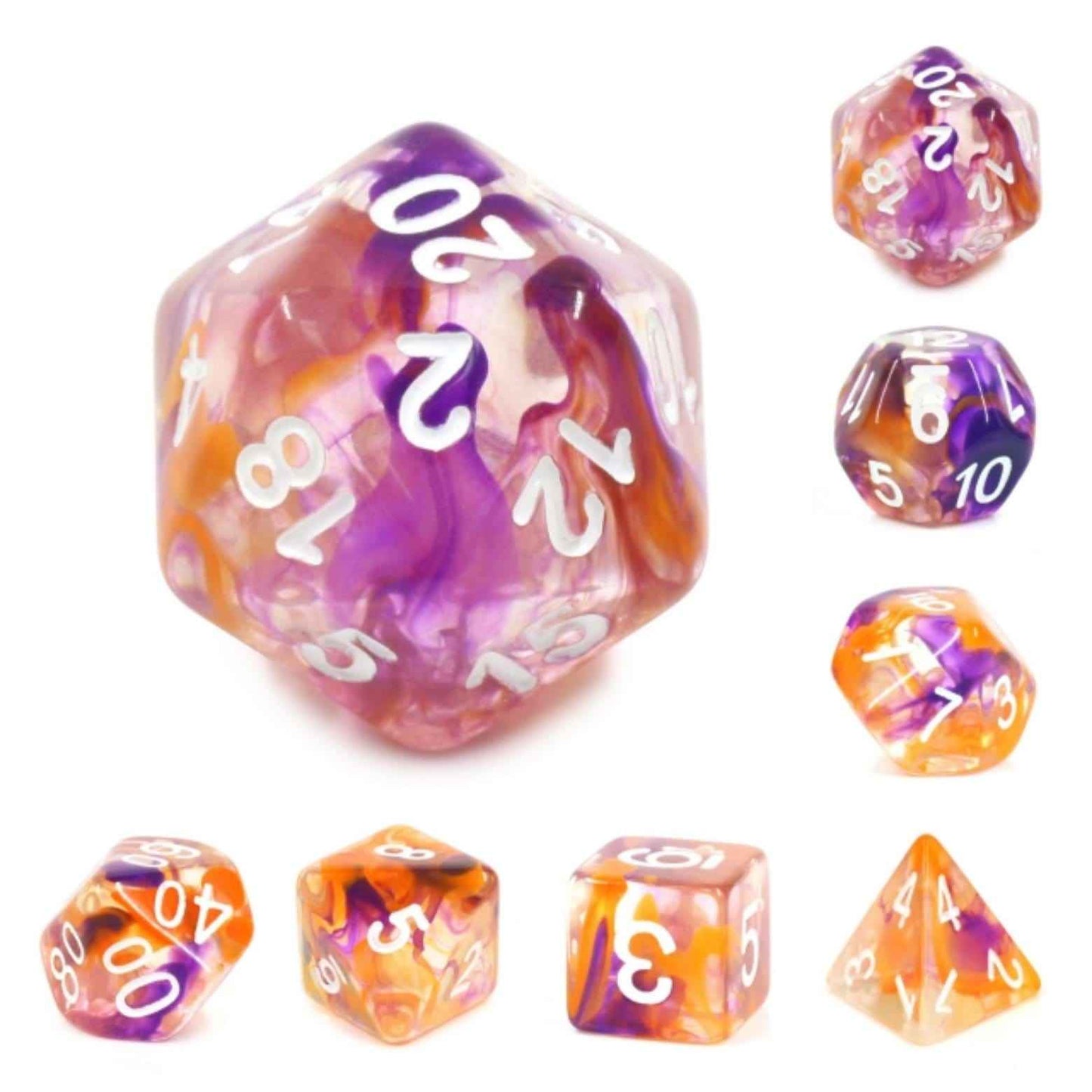 Purple & Orange Swirl RPG Dice Set | 7-Piece Polyhedral Dice for TTRPGs