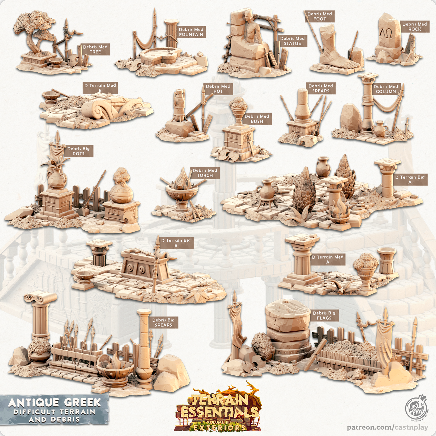 Cast n Play Antique Greek — Debris & Difficult Terrain – 3D Printed 28mm 32mm D&D