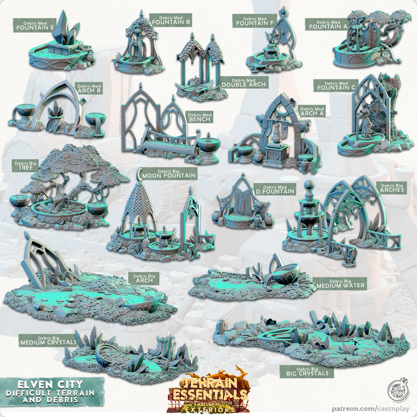 Cast n Play Elven City Debris & Difficult Terrain — Terrain Essentials Vol III – 3D Printed 28mm 32mm D&D