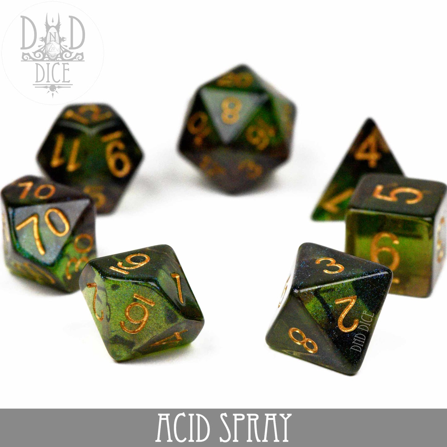Acid Spray Dice Set – 7-Piece Polyhedral RPG Dice for D&D & Pathfinder