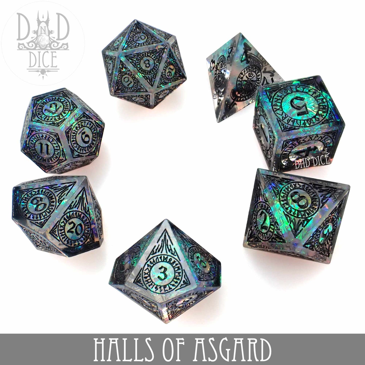 Halls of Asgard Handmade Dice Set – 7-Piece Polyhedral RPG Dice