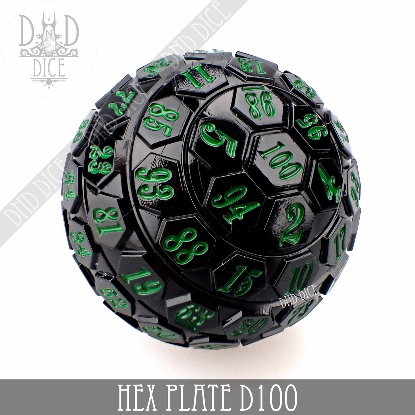 Hex Plate D100 Percentile Dice – Black With Green (45mm)