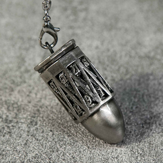 Antique Nickel Bullet D20 Dice Cage Necklace + 7 Mini Metal DND Dice Set