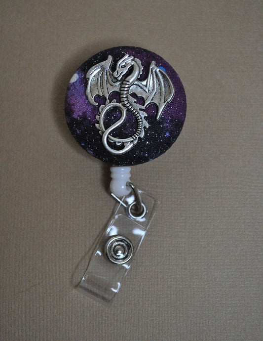 Badge Reel — Silver Dragon on Nebula Fabric